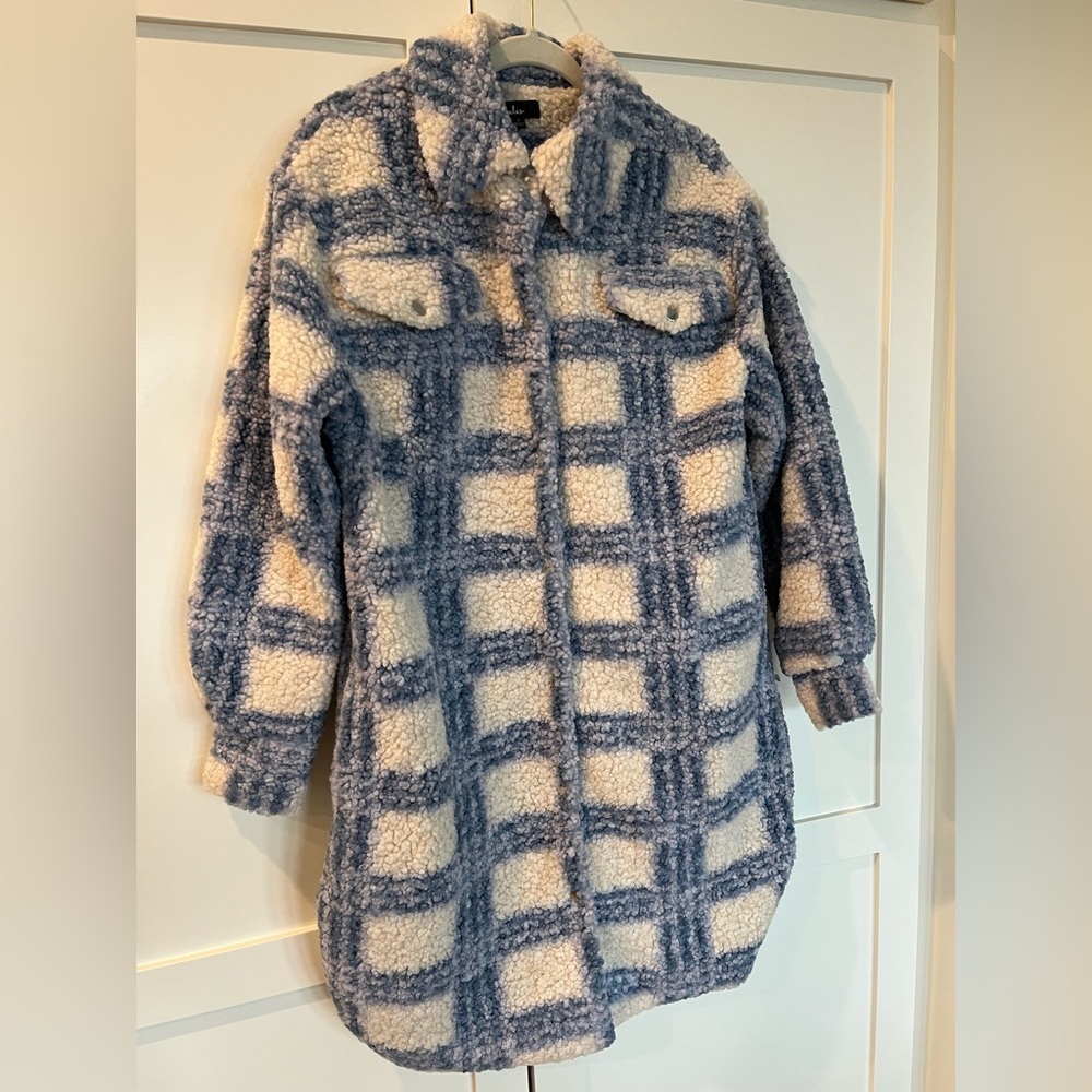 Lulus Winter Winds Blue Plaid Teddy Shearling Jacket Small - Picture 5 of 11